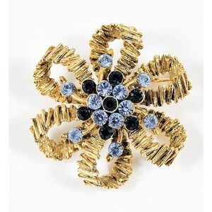 Flower Brooch In Textured Gold Tone with Blue Rhinestones BloomCore Garden Style